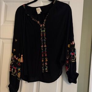 Anthropologie Black Blouse with Multicolor Embroidery